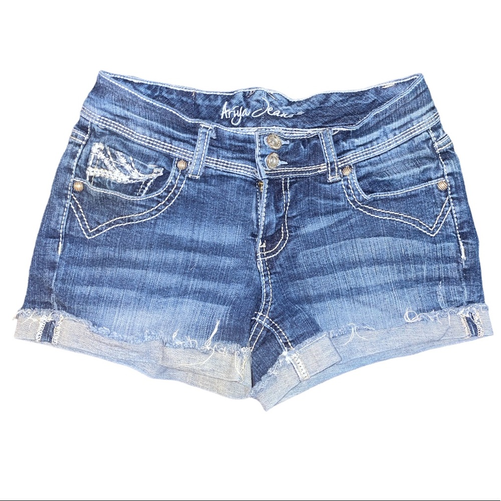 Ariya cuffed jean shorts with button flap back pockets